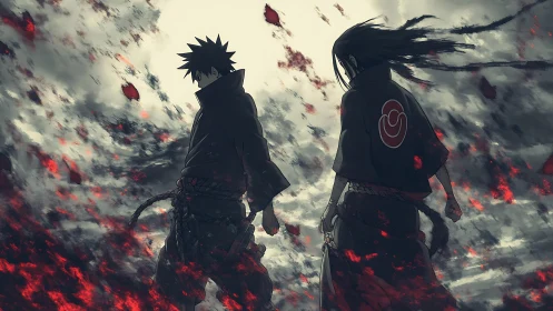 Two cloaked warriors beneath a storm of embers and clouds.