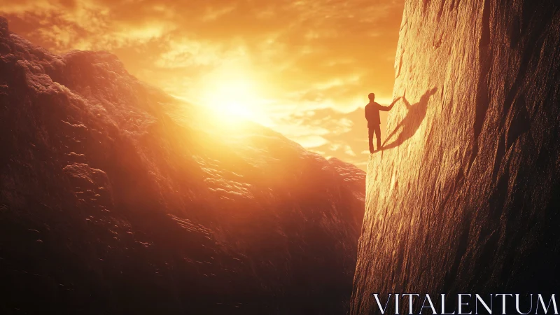 Silhouette on steep rock face in strong orange sunset light.