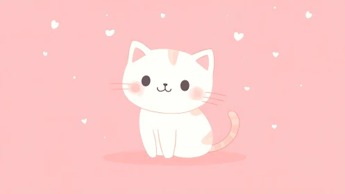 Cute White Kitten Surrounded by Pink Hearts.