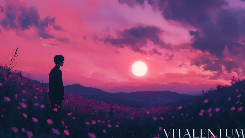 Solitary dreamer bathed in neon dusk over violet wilds.