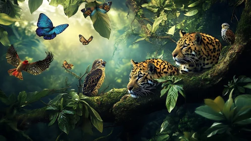 Rainforest Fauna Composition With Jaguars, Birds, Butterflies, and Foliage