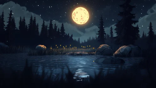 Full moon over quiet forest lake with glowing fireflies.