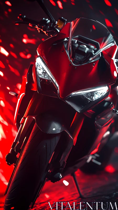 Lean red superbike under cinematic neon streaked lighting.