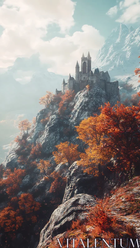Gothic mountain citadel in autumnal alpine panorama digital painting.