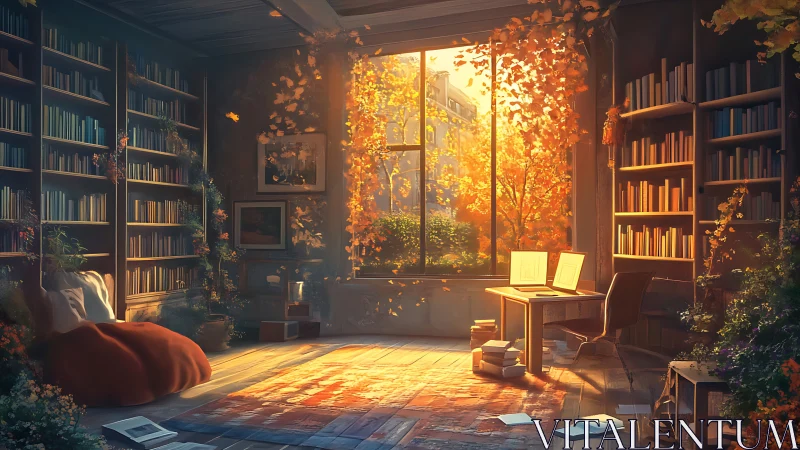 Sunlit autumn study wrapped in books, leaves, and quiet magic.