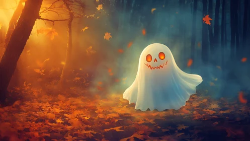 Friendly glowing ghost wandering through a golden autumn forest.