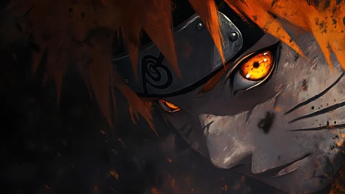 Orange haired anime ninja face fills a dark textured frame