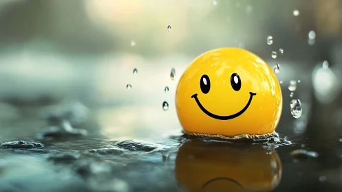 Smiling yellow ball splashing joyfully in gentle water.