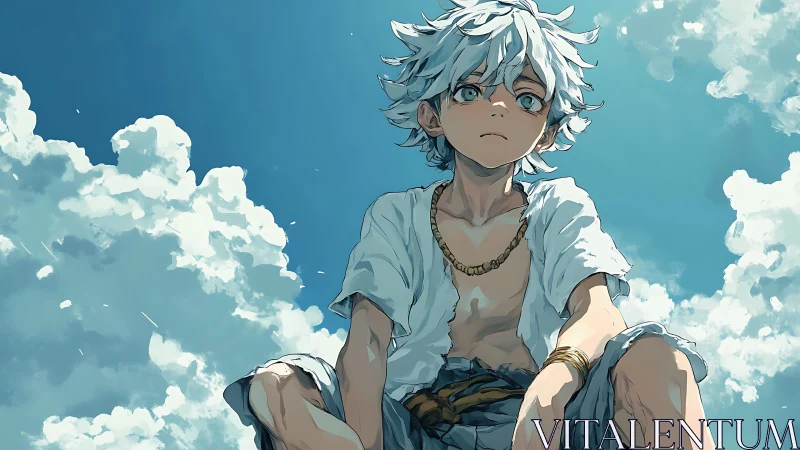White haired anime boy sitting under bright summer sky.