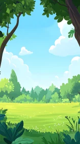 Daylight landscape scene with layered forest vegetation under clear sky