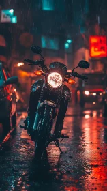 Motorcycle stands in rainy neon-lit city street at night