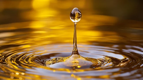 Golden water droplet forms central splash amid rippling pool