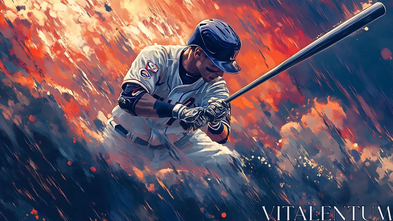 Blazing diamond slugger carves fire through painted skies.