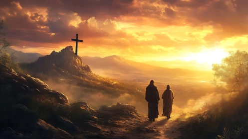 Two robed figures walk toward distant hilltop cross at dawn.