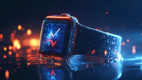 Smartwatch rests in shallow water with illuminated screen
