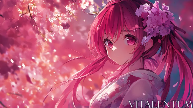 Gentle anime girl enjoys a peaceful evening of cherry blossoms
