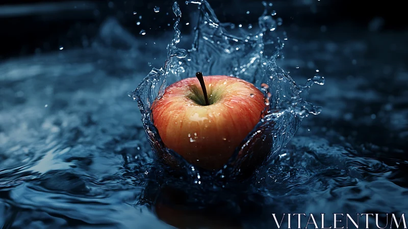 Crisp red apple plunging into dramatic water splash.