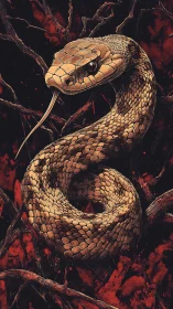 Coiled serpent dominates blood-red void with razor detail.