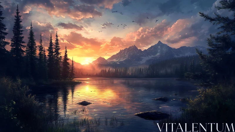 Sunlit mountain lake reflects glowing clouds at dusk.