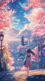 Spring promenade above city pagoda under rosy skies.