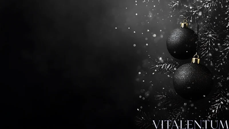 Black ornaments hang on dark conifer branches with snowfall