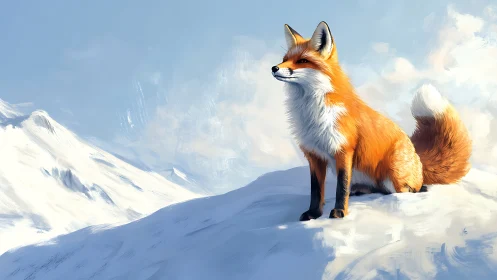 Snowy peak fox gazes over bright mountains in soft light