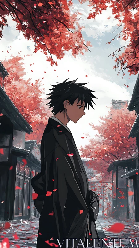 Solitary youth in black kimono under dense red maple foliage