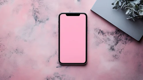 Smartphone with Pink Display on Textured Background.