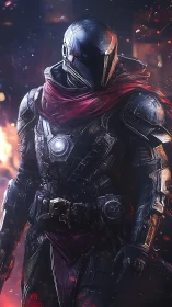 Armored sci fi warrior in helmet and red scarf stands poised.