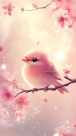 Pink Songbird Perched Among Cherry Blossoms in Soft Light.