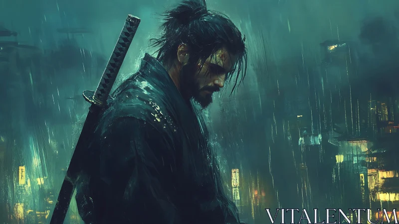 Solitary samurai under neon rain in moody teal palette.
