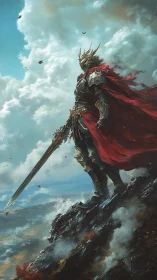 Armored dragon knight gazes over stormlit mountain realm