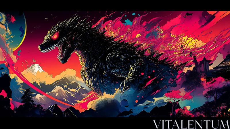 Giant reptilian kaiju over stylized mountains and temples.