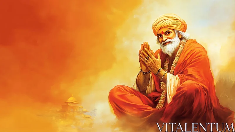 Orange robed holy man seated in prayerful greeting pose.
