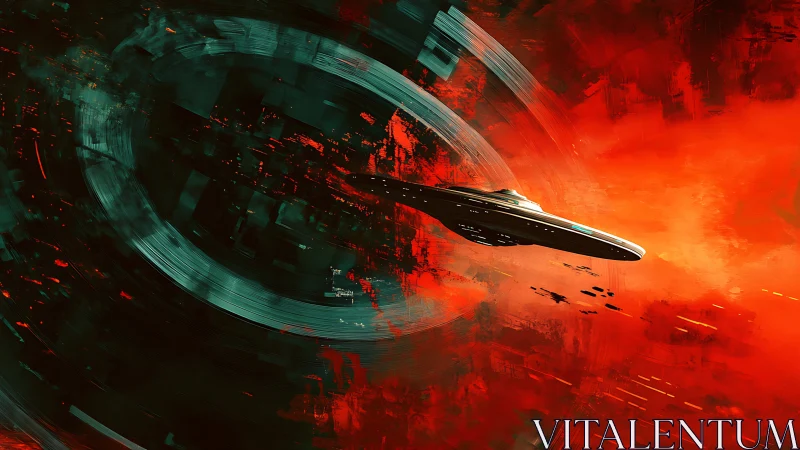 Sleek starship breaking orbit through vivid red nebula.