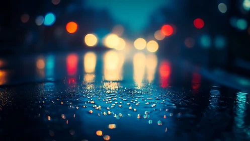 Rain-soaked city street glows under blurred night lights.