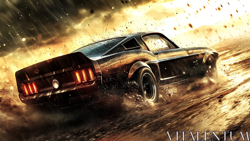 Muscle car tears through golden storm in dramatic motion