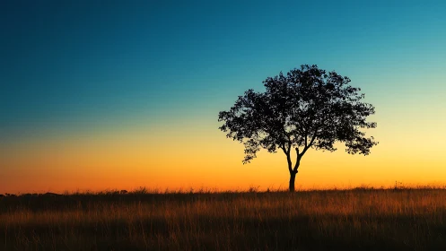 Lone tree silhouette on grassy field at sunset in minimalist style.