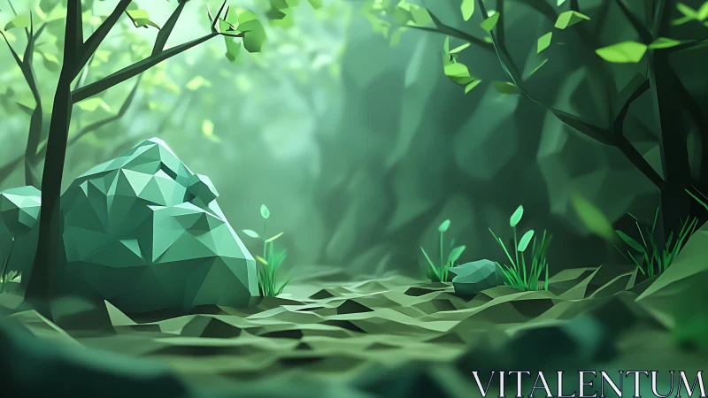 Polygonal landscape with crystalline formation in green forest.
