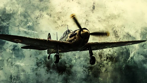 Vintage warplane roars through stormy abstract skies in motion