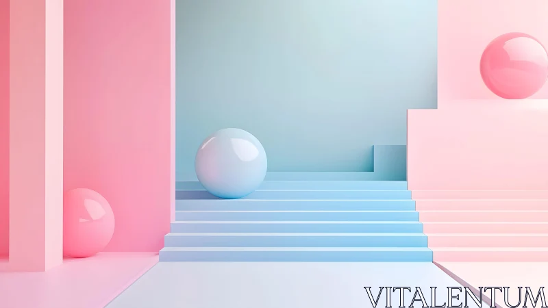 Pastel stairway playground where glossy spheres quietly drift.