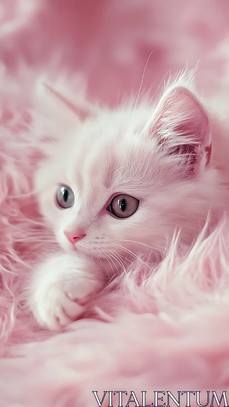 White Kitten with Pink Eyes in Soft Pink Feathers.