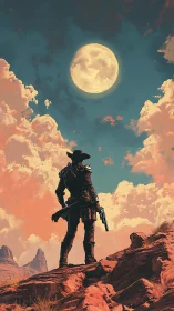 Lone gunslinger stands on red desert ridge under full moon.