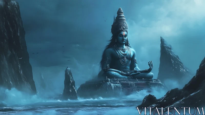 Mystic blue deity statue dominates storm-lashed seascape.