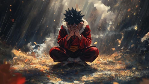 Meditating warrior in stormlit forest clearing at dusk.