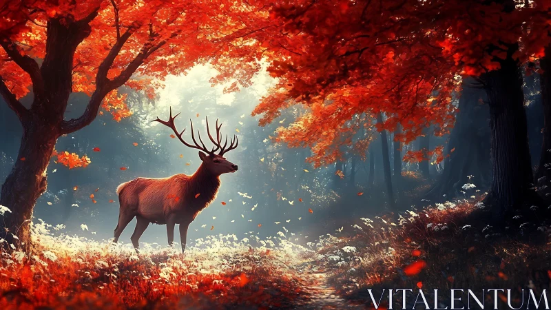 Majestic stag under crimson autumn canopy in misty forest.