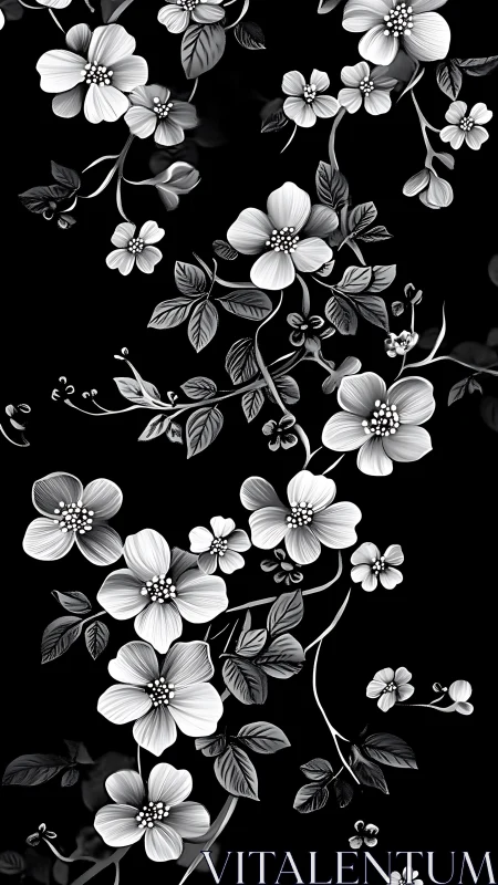 Monochromatic Floral Study: Black Background Botanical Illustration.