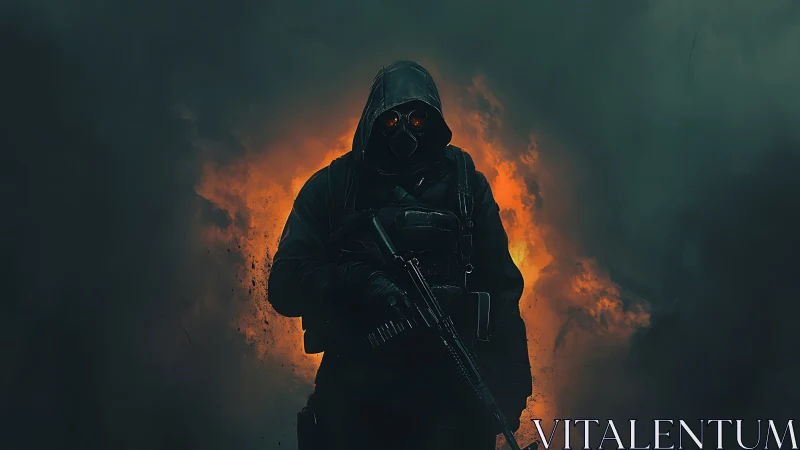 Hooded tactical operator emerging through incendiary smoke.