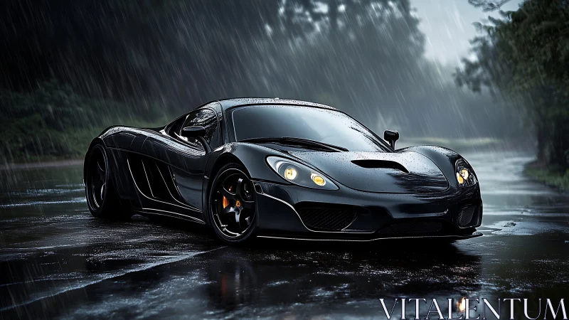 Black supercar on wet forest road under heavy rainstorm.