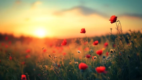 Sunlit poppy field glows under warm pastel sunset sky